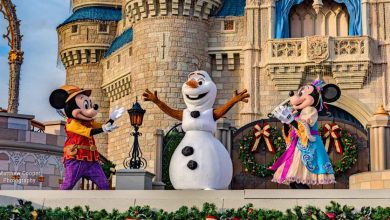 Mickey, Olaf, and Minnie light up the Disney castle stage in holiday attire during a magical theme park celebration.