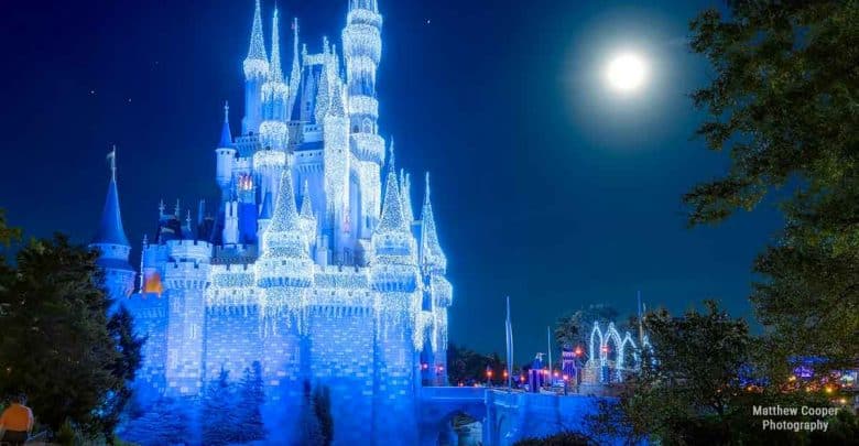 Cinderella Castle illuminated at night in Magic Kingdom, with glowing décor and trees under a shimmering full moon.