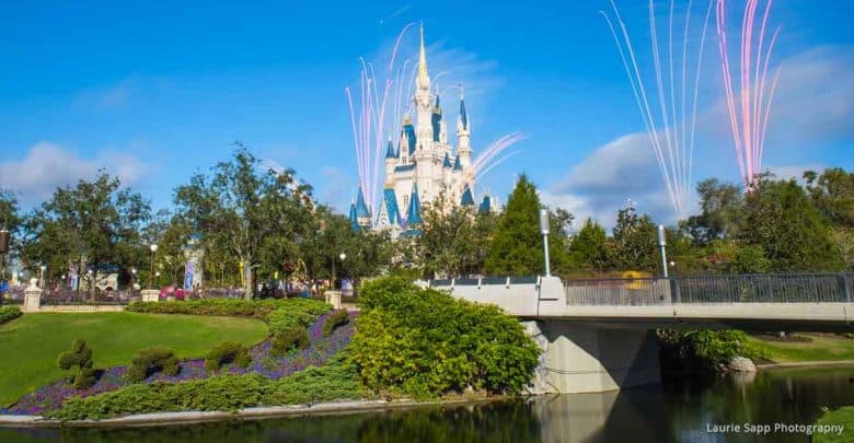 Cinderella Castle at Walt Disney World lights up with dazzling fireworks, seen from the garden and bridge in Magic Kingdom.