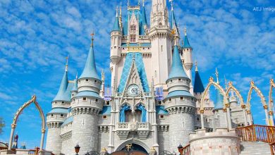 Cinderella Castle standing tall at Disney World, framed by bright blue skies and whimsical, puffy clouds overhead.