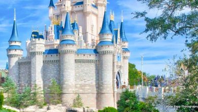The iconic Cinderella Castle with sparkling blue spires, nestled in lush gardens under a sunny Disney World sky.