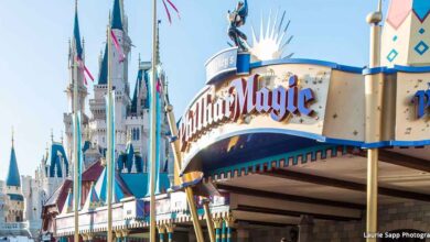 Mickey’s PhilharMagic entrance with Cinderella Castle behind, a perfect Disney World spot to chill in cool AC during your visit.