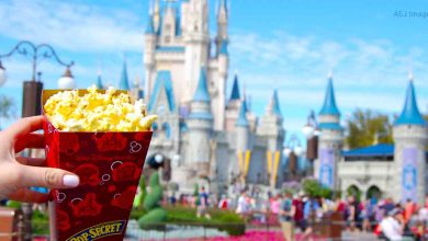 Popcorn in hand with Cinderella Castle behind, surrounded by excited Disney World guests on a sun-filled park day.