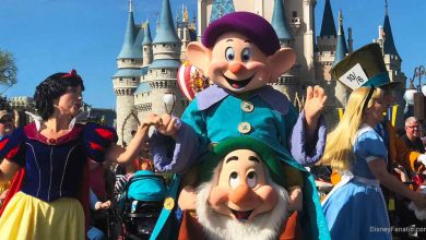 Snow White, Dopey, and Alice greet guests in front of the iconic castle at Disneyland, ready for photos and magical memories.
