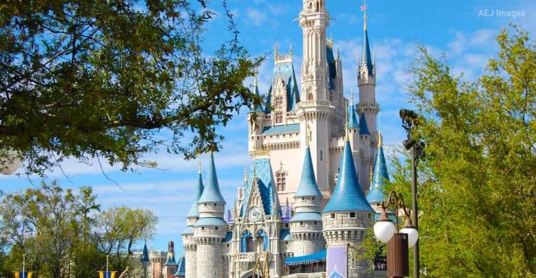 Cinderella Castle at the heart of Disney World, framed by lush trees and set against a vibrant blue sky—pure magic awaits!.