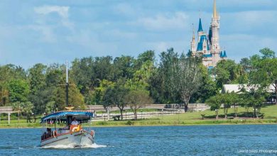 A boat glides across a lake with a Disney castle and lush trees under a clear blue sky, evoking iconic park magic.
