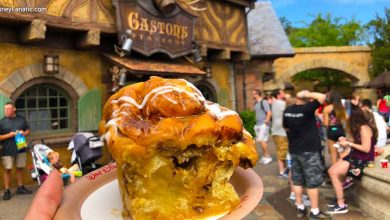 The famous cinnamon roll from Gaston’s Tavern held up, the ultimate Magic Kingdom breakfast treat for Disney fans on-the-go.