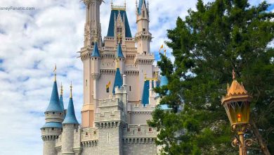 Cinderella Castle’s blue spires rise above Main Street, flanked by lush trees and a themed lamp beneath Disney’s bright skies.