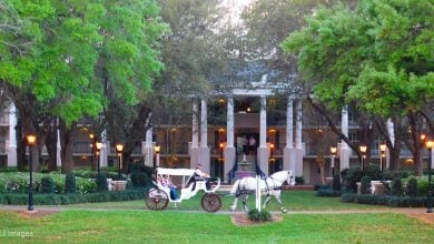 White horse-drawn carriage awaits on manicured lawn before a grand columned building, evoking Disney World fairytale magic.
