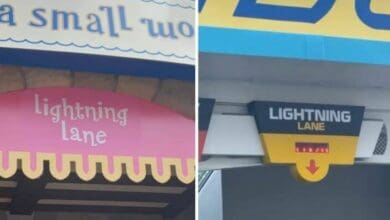 Two pictures of a small store with a sign that says lightning lane.