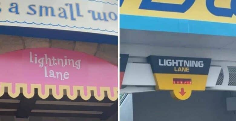 Two pictures of a small store with a sign that says lightning lane.