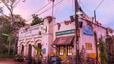 A rustic, weathered building with faded signs reading "Guest House" and "Food Market" sits beneath a pink-purple sky, surrounded by greenery, bicycles, and vintage decor—evoking old-world charm perfect for those seeking to stay cool at Disney World.