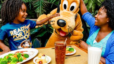 A child and adult smile and interact with a person in a Pluto costume at a restaurant table—showing that knowing what to avoid at Disney World means you can relax, enjoy delicious food, and soak in the lush greenery around you.