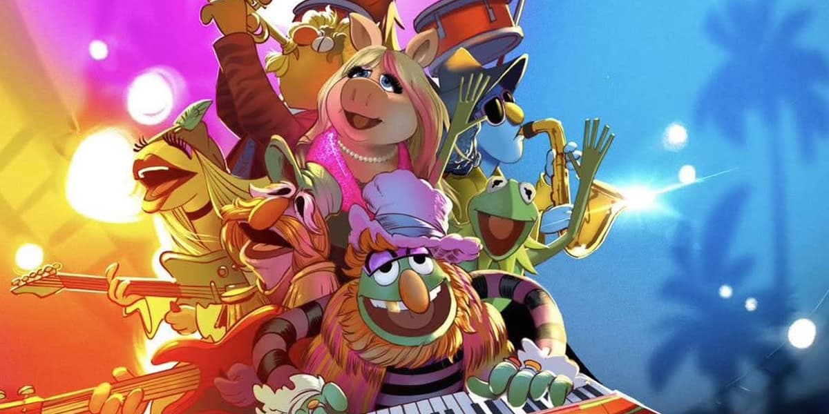 Animated Muppets characters, including Miss Piggy and Kermit, sing and play instruments energetically on a vibrant stage—an experience as lively as the best rides for adults at Disney's Hollywood Studios.