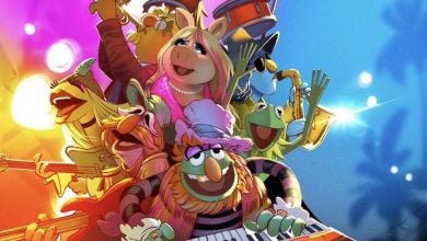 Colorful illustration of several Muppets characters playing musical instruments and singing joyfully under bright stage lights, with a blue and orange gradient background and palm tree silhouettes—capturing the lively spirit of the best rides for adults at Disney's Hollywood Studios.