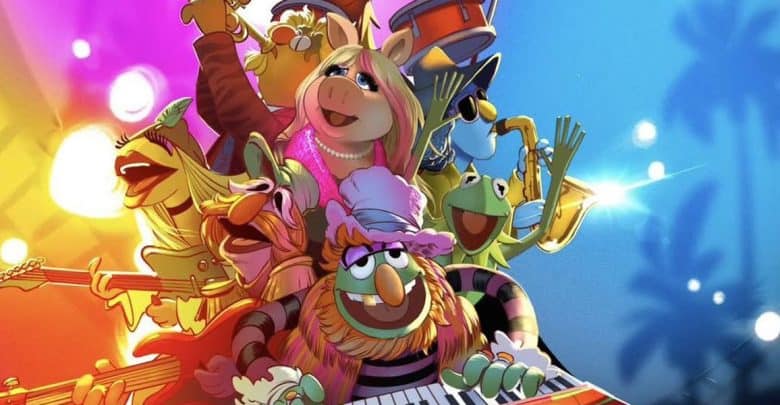 Colorful illustration of several Muppets characters playing musical instruments and singing joyfully under bright stage lights, with a blue and orange gradient background and palm tree silhouettes—capturing the lively spirit of the best rides for adults at Disney's Hollywood Studios.