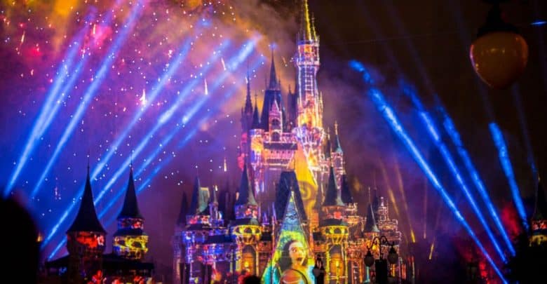 A vibrant display of fireworks and colorful lights illuminates a castle at night, crafting a "Happily Ever After" scene. Bright beams and bursts of color create a magical atmosphere, with the castle at the center surrounded by vivid patterns and glowing effects.