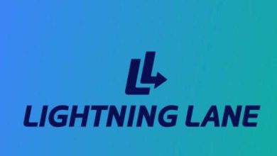 Blue-green gradient background with a stylized dark "LL" logo and an arrow, above bold text reading "LIGHTNING LANE." Perfect for showcasing Disney Planning Tips and strategies.