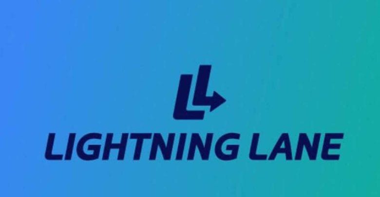 Blue-green gradient background with a stylized dark "LL" logo and an arrow, above bold text reading "LIGHTNING LANE." Perfect for showcasing Disney Planning Tips and strategies.