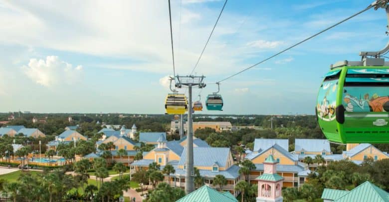 A scenic view of a Disney Skyliner gondola ride at Walt Disney World shows brightly colored gondolas suspended on cables, soaring above palm trees and pastel-colored buildings with blue rooftops. The clear, blue sky adds to the picturesque setting, capturing the magical essence of the resort area.