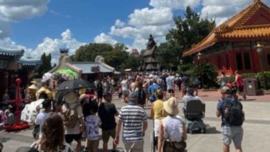 Guests stroll through Disney’s Asian-themed park area under sunny skies, passing reminders about prohibited items.
