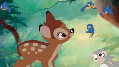 Bambi, Thumper, and bluebirds come to life in a vibrant forest scene inspired by Disney’s enchanting animated classic.
