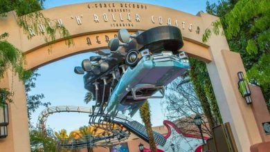 Rock 'n' Roller Coaster’s blue ride car, blasting with huge speakers, races out of the iconic guitar entrance at Disney’s Hollywood Studios.