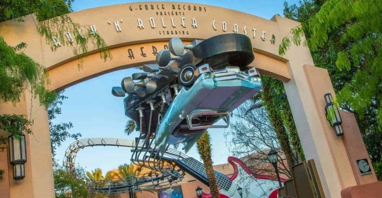 Rock 'n' Roller Coaster’s blue ride car, blasting with huge speakers, races out of the iconic guitar entrance at Disney’s Hollywood Studios.