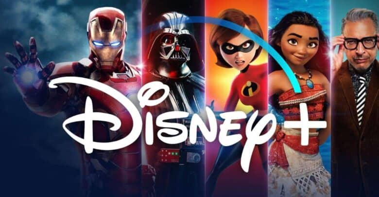 Disney+ promotional image featuring Iron Man, Darth Vader, Elastigirl, Moana, and a man in glasses and a suit, with the Disney+ logo displayed prominently across the characters.