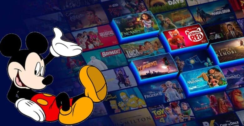Mickey Mouse is illustrated on the left side, appearing to wave, with a background of various Disney movie and series covers including Encanto, Moana, Turning Red, and Ms. Marvel.