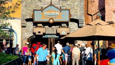 Guests line up outside Epcot’s “Frozen Ever After” attraction under bright blue skies, excited for the magical adventure ahead.