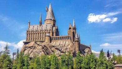 A majestic castle reminiscent of a fairy tale crowns a rocky hill, nestled among trees beneath a vibrant, cloud-dotted sky.