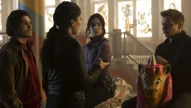 Friends catch up inside an arcade; one enjoys a vibrant carousel horse ride as others chat nearby.