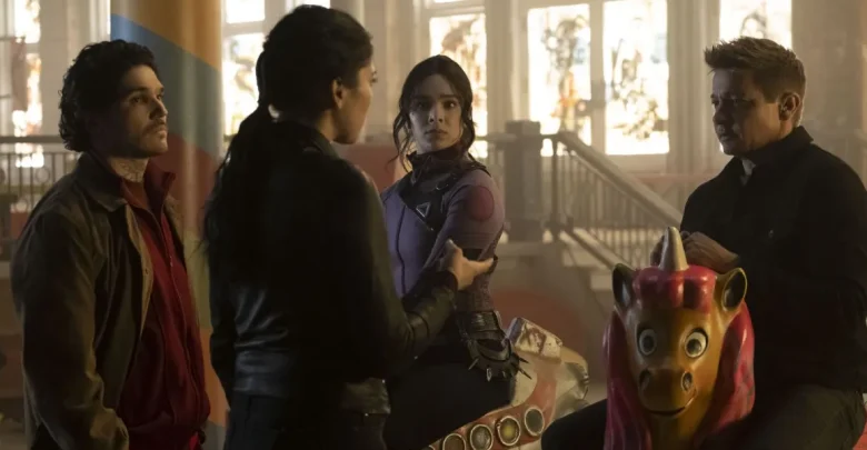Friends catch up inside an arcade; one enjoys a vibrant carousel horse ride as others chat nearby.