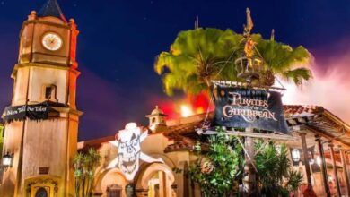 Pirates of the Caribbean entrance at night, aglow with vibrant lights, skull projection, and tropical palms beckoning adventurers.