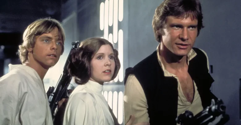 Han Solo, Leia, and Luke pose together with blasters drawn, ready for adventure in Star Wars: Galaxy’s Edge.