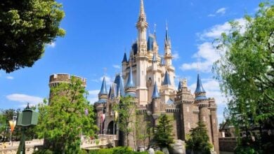 Cinderella Castle with its iconic blue spires rises above lush trees beneath a vivid blue sky in Magic Kingdom Park.