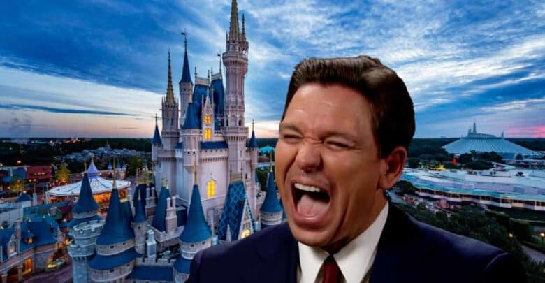 A man in a suit with his mouth open wide, appearing to shout or laugh, is superimposed in front of Cinderella Castle at Disney World during sunset.