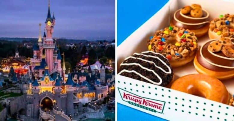 A split image showcases Disneyland on the left, bathed in dusk's glow with its iconic castle, while the right side features a vibrant box of Krispy Kreme donuts, boasting an array of chocolate-covered and candy-topped delights—a delightful nod to a magical partnership between Disney and Krispy Kreme.