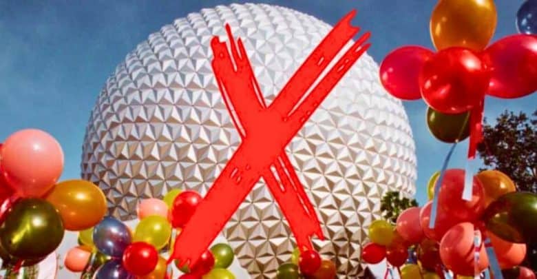 A large geodesic sphere, reminiscent of the iconic structure at Disney World’s Epcot, looms in the background. The sphere has a striking red X painted over it. Colorful balloons float around the sphere, contrasting against the clear blue sky above.
