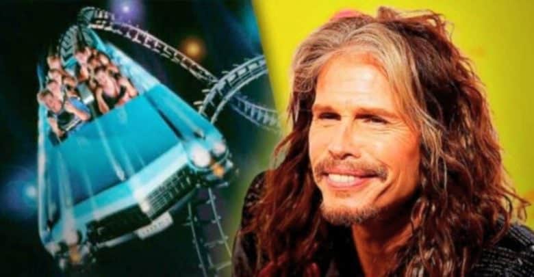 Composiate image featuring a Rock 'n' Roller Coaster loop on the left and a close-up of a smiling man with long, wavy, light brown hair on the right, set against a vibrant background.