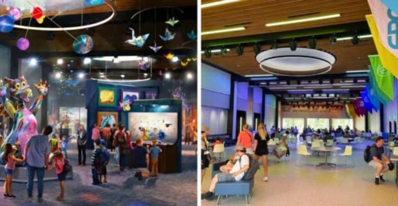 Split image: Left side shows an art exhibit with vibrant, colorful sculptures and origami overhead, with several people viewing the displays. Right side depicts a spacious cafeteria or community area with people sitting at tables, colorful flags hanging from the ceiling.