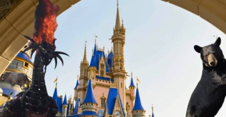 Cinderella Castle with a black bear and Maleficent on fire