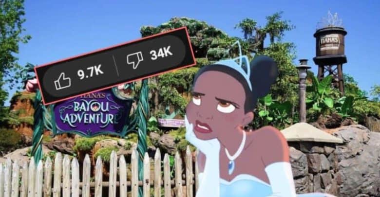 An illustration of a character in a blue dress rolling her eyes is superimposed over a theme park ride entrance sign that reads "Tiana's Bayou Advneture." Above the scene, a social media-like icon with thumbs up (34K likes) and thumbs down (9.7K dislikes) is shown.