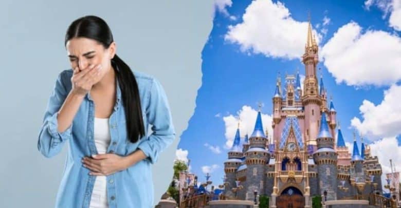 A woman covers her mouth with one hand and holds her stomach with the other, appearing to be unwell. Beside her, a vibrant image shows a picturesque Disney castle against a blue sky with fluffy clouds, suggesting a fairy-tale or theme park setting.