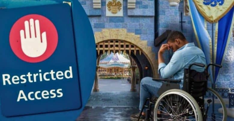 A man in a wheelchair appears dejected, holding his head with his hand. Behind him is a castle entrance with a 'Restricted Access' sign displaying a red hand, reminiscent of something you might find at Disney, implying restriction.