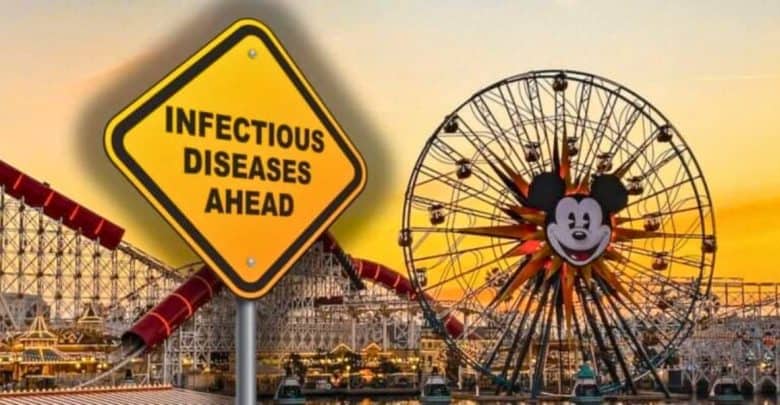 A large yellow caution sign reading "Infectious Diseases Ahead" is superimposed over an amusement park scene at sunset. The park, reminiscent of a Disney wonderland, features a Ferris wheel with a large Mickey Mouse face at its center and various roller coasters in the background.