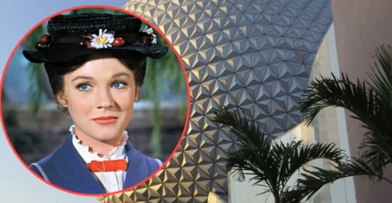 An image showing a woman in a black hat and blue coat inside a red circular frame, superimposed on the background of Disney World's Epcot Spaceship Earth structure. The woman, reminiscent of Mary Poppins with a white daisy and cherries on her hat, stands near a palm tree to the right of the structure.