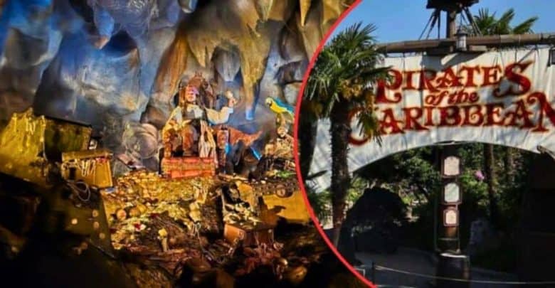 The image is split into two parts. On the left, a scene from a "Pirates of the Caribbean" ride shows a pirate sitting on a throne surrounded by treasure. On the right, the entrance sign for the "Pirates of the Caribbean" attraction is displayed with palm trees.