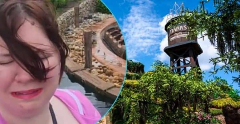 Left: A woman looks sad. Right: The exterior of Tiana's Bayou Adventure at Magic Kingdom.